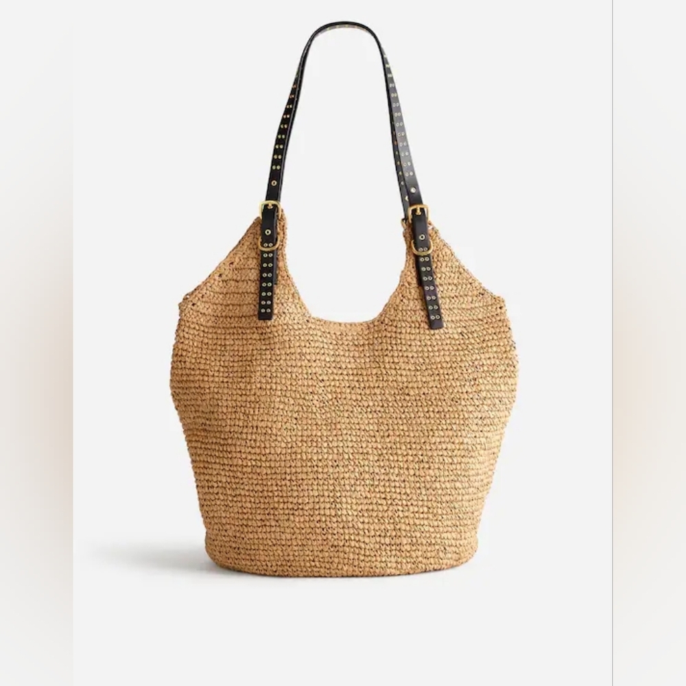 Straw Woven Tote Bag with Black Studded Straps
